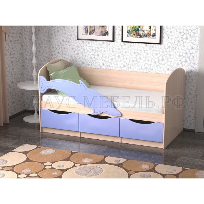 Кровать Дельфин 1600 - дуб молочный/голубой глянец